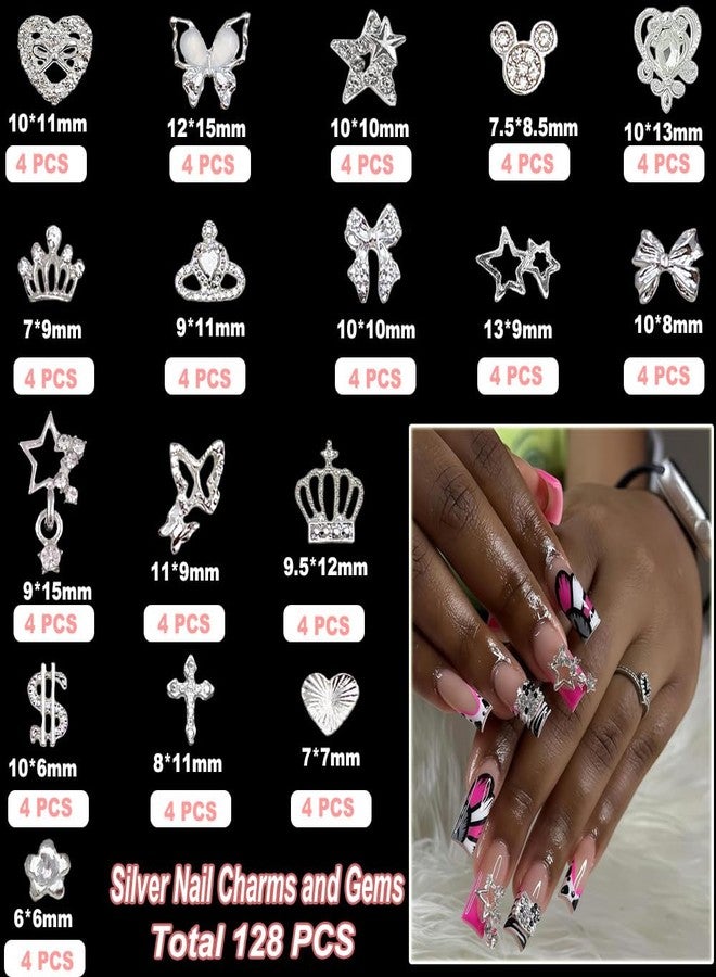 KACHIMOO 128 PCS Silver Nail Charms, Nail Gems Silver Rhinestones for Nails 3D Butterfly, Bow, Star,Crown,Cross,Dollar,Heart Shapes Y2K Accessories Nail Decor (17 Styles) - Image 2